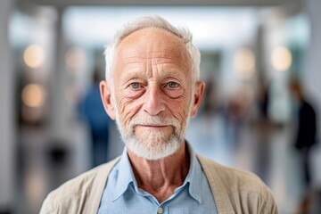 Close-up portrait photography of a satisfied old man wearing a classy button-up shirt against a modern art gallery background. With generative AI technology