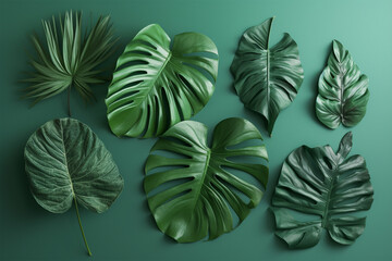 Collection of tropical leaves on green pastel isolated background.Top view.Copy and text space.Created with generative ai