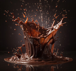 big liquid chocolate splash on dark background. Generative A.I.