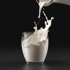 jug pouring milk into a glass forming a splash. On a black background; Generative A.I.