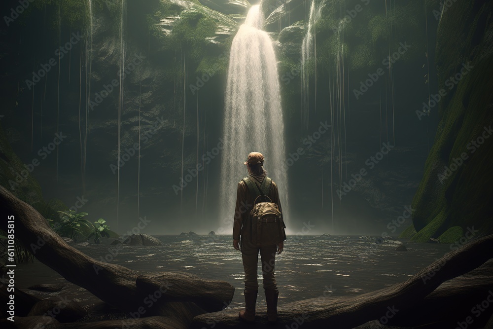 Poster a person positioned themselves in front of a waterfall. generative ai