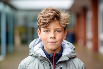 Medium shot portrait photography of a glad kid male wearing a lightweight windbreaker against a school campus background. With generative AI technology