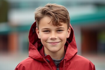 Medium shot portrait photography of a glad kid male wearing a lightweight windbreaker against a school campus background. With generative AI technology