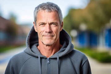 Headshot portrait photography of a satisfied mature man wearing a comfortable hoodie against a school campus background. With generative AI technology