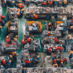 Robots at the factory automated production facility fantasy graphics 3d repeat pattern, aerial view - obrazy, fototapety, plakaty