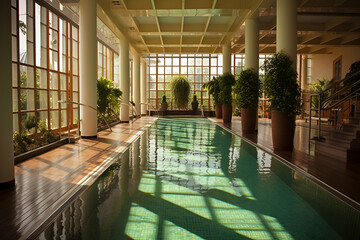 Thermal pools in the SPA interior with ceiling lighting, thermal water supports the healing process...
