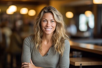 Headshot portrait photography of a satisfied mature girl wearing a comfortable pair of jeggings against a cozy coffee shop background. With generative AI technology