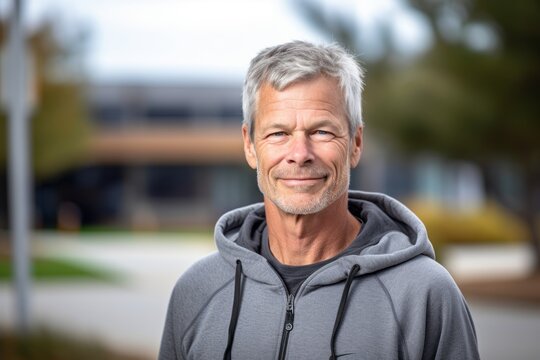 Headshot portrait photography of a satisfied mature man wearing a comfortable hoodie against a school campus background. With generative AI technology