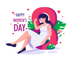 A woman wears a white dress sitting near the number eight symbol. Happy International Women's Day on 8th march illustration