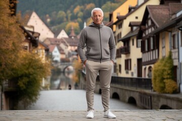 Full-length portrait photography of a glad mature man wearing soft sweatpants against a quaint european village background. With generative AI technology