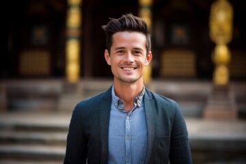 Obraz premium Medium shot portrait photography of a happy boy in his 30s wearing an elegant long-sleeve shirt against a traditional asian temple background. With generative AI technology