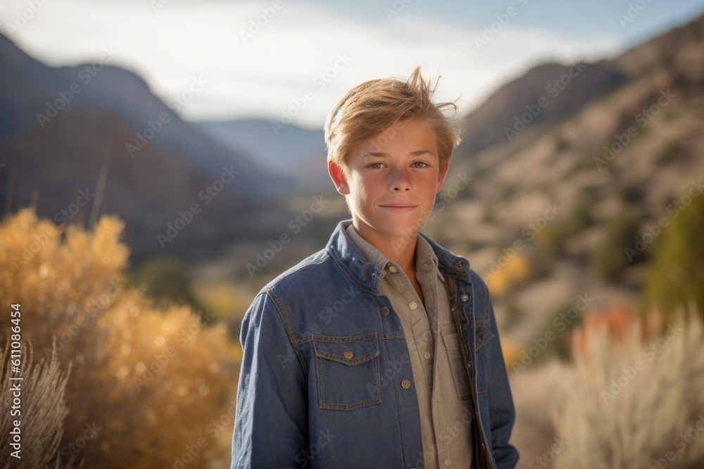 Wall mural Medium shot portrait photography of a glad mature boy wearing comfortable jeans against a national park background. With generative AI technology