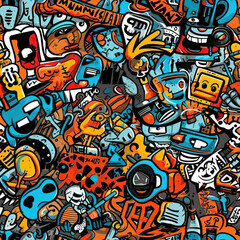 Obraz premium Funky doodles seamless repeat pattern - colorful abstract art [Generative AI] 