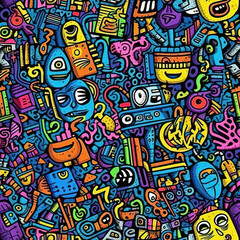 Fototapeta na wymiar Funky doodles seamless repeat pattern - colorful abstract art [Generative AI] 