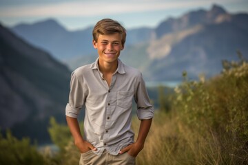 Medium shot portrait photography of a glad mature boy wearing comfortable jeans against a national park background. With generative AI technology