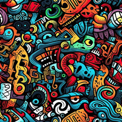 Obraz na płótnie Canvas Funky doodles seamless repeat pattern - colorful abstract art [Generative AI] 