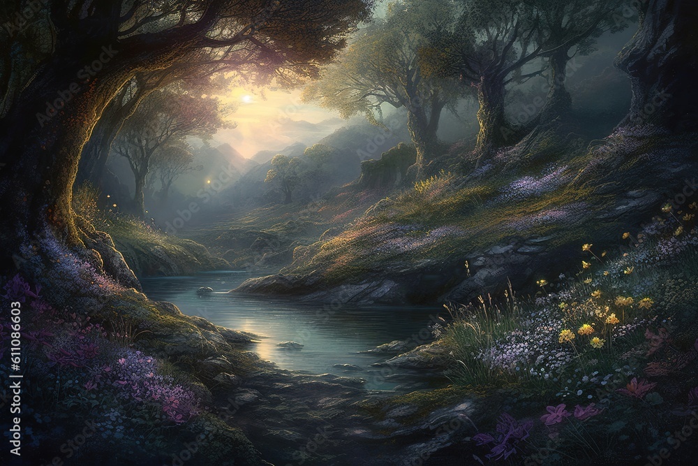 Poster a picture depicting a river that is surrounded by forests. generative ai