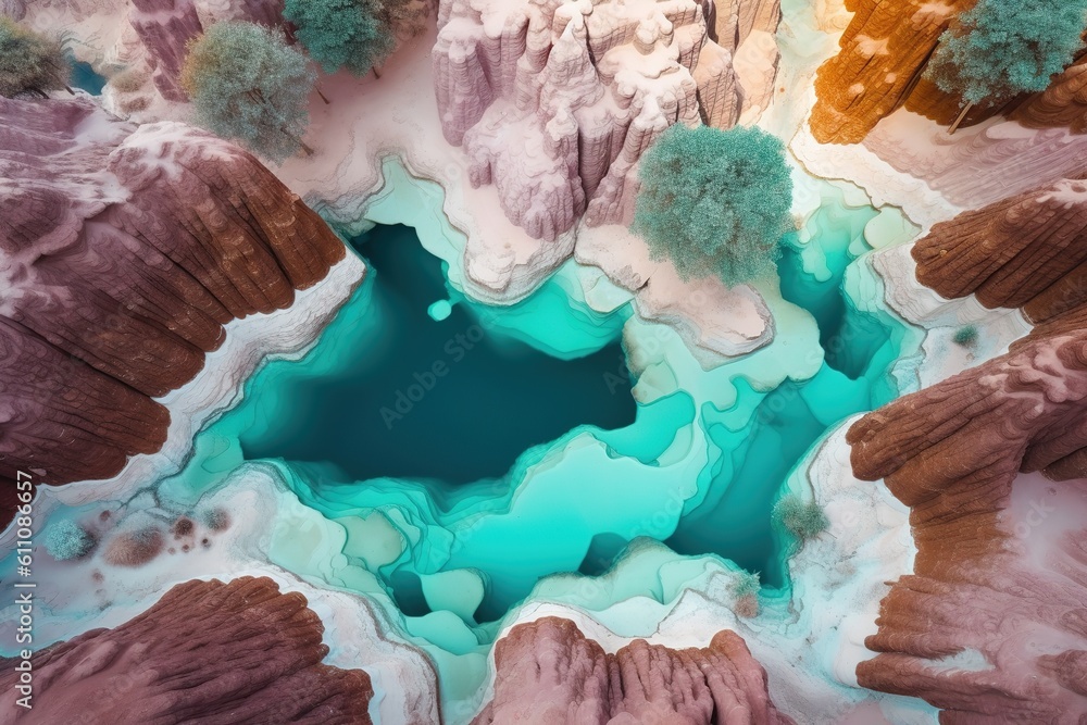 Poster an overhead perspective of a lake that is encircled by mountains generative ai