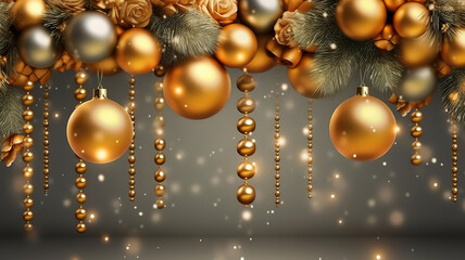Fototapeta na wymiar Christmas festive banner with golden christmas decoranion. Generative ai