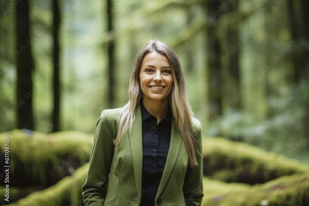 Wall mural Environmental portrait photography of a joyful girl in her 30s wearing a sleek suit against a moss-covered forest background. With generative AI technology