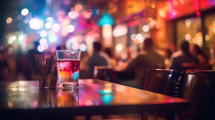Bar or night club with colorful lights bokeh. Generative ai