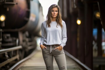 Obraz na płótnie Canvas Lifestyle portrait photography of a glad girl in her 30s wearing a comfortable pair of jeggings against a historic train background. With generative AI technology