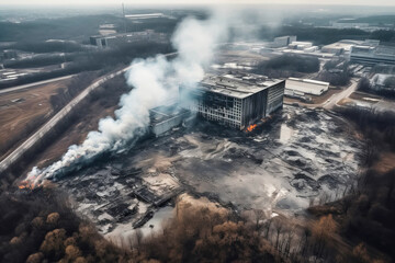 Aerial view of burning industrial building with fire and smoke. Generative AI illustration