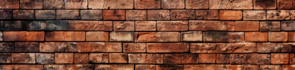 Obraz premium Old distressed Red brick wall texture, wide panoramic, Modern game texture pattern. Generative Ai.