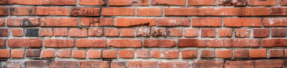 Obraz premium Old distressed Red brick wall texture, wide panoramic, Modern game texture pattern. Generative Ai.