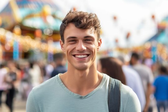 Close-up portrait photography of a glad boy in his 30s wearing soft sweatpants against a crowded amusement park background. With generative AI technology