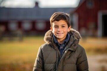 Fototapeta premium Lifestyle portrait photography of a happy boy in his 30s wearing a cozy winter coat against a sprawling ranch background. With generative AI technology