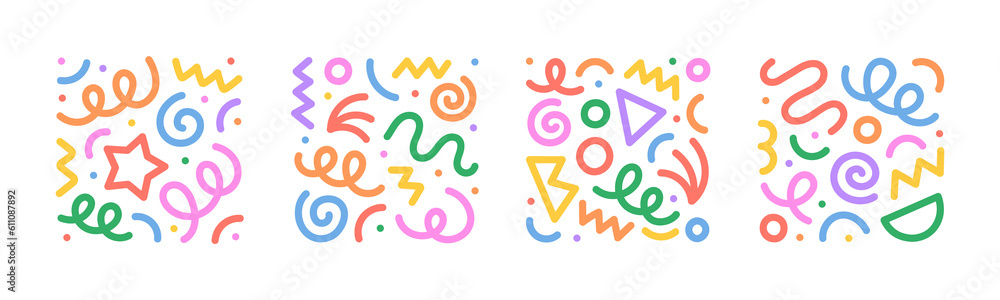 Poster fun colorful line doodle shape set. creative minimalist style art symbol collection for children or 
