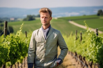 Fototapeta premium Environmental portrait photography of a glad mature boy wearing a chic jumpsuit against a picturesque vineyard background. With generative AI technology