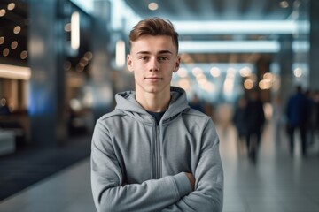 Environmental portrait photography of a satisfied mature boy wearing a comfortable tracksuit against a modern fitness center background. With generative AI technology