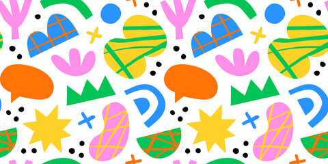 Naklejka premium Abstract organic shape seamless pattern with colorful geometric doodles. Flat cartoon background, simple random shapes in bright childish colors. 