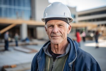 Medium shot portrait photography of a glad mature man wearing a cool cap or hat against a busy construction site background. With generative AI technology