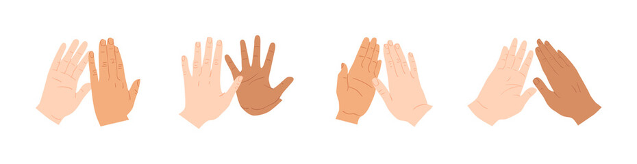 Diverse people hand doing high five gesture together. Modern hands cartoon illustration of business partner team, friend group or success celebration concept.	
