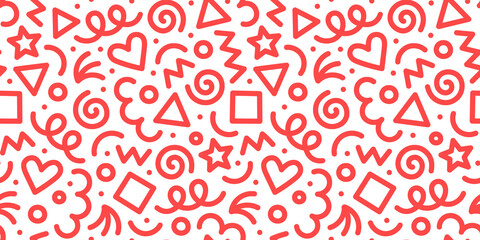 Fun red line doodle seamless pattern. Creative abstract style art background for children or trendy design with basic shapes. Simple childish scribble wallpaper print.	
