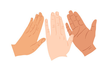Obraz premium Three people hand doing high five gesture together. Modern hands cartoon illustration of business partner team, friend group or success celebration concept.