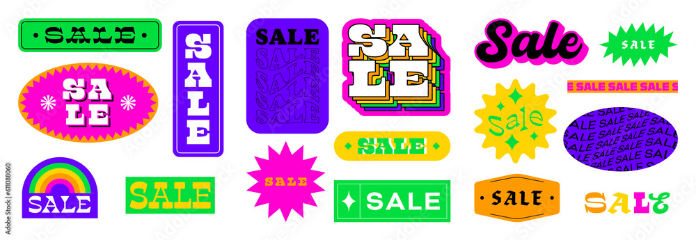 Wall mural vintage business sale sticker collection. set of trendy retro 90s cartoon label for store discount, 