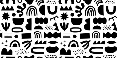 Abstract organic shape seamless pattern with black and white geometric doodles. Flat cartoon background, simple random shapes print texture.