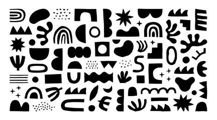 Abstract organic shape seamless pattern with black and white geometric doodles. Flat cartoon background, simple random shapes print texture.