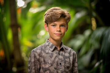 Close-up portrait photography of a satisfied mature boy wearing an elegant long-sleeve shirt against a lush tropical jungle background. With generative AI technology