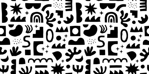 Abstract organic shape seamless pattern with black and white geometric doodles. Flat cartoon background, simple random shapes print texture.
