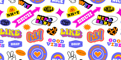 Vintage cartoon sticker label seamless pattern. Retro 90s neon color icon tag background texture. Trendy funny quote sign wallpaper print.	
