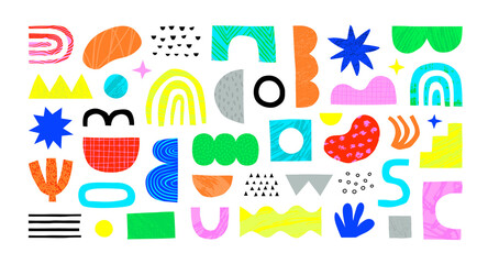 Colorful abstract shape doodle collection. Funny geometric collage shapes. Modern element set in hand drawn style. Creative decoration clip art bundle on isolated background.	
