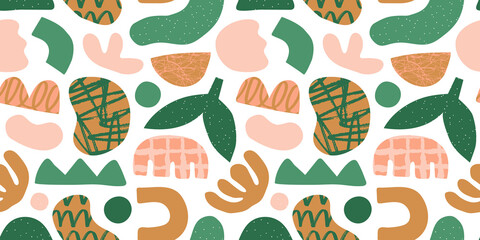 Abstract plant leaf art seamless pattern with green freehand doodle collage. Organic leaves cartoon background, simple nature shapes in vintage pastel colors.	
