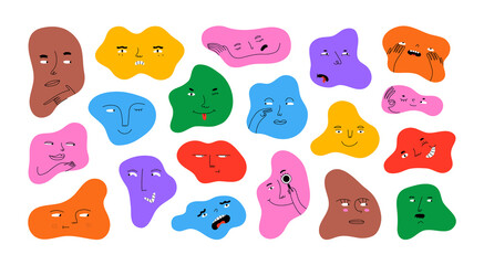 Diverse people face doing funny hand gesture and emotion. Colorful avatar design set, modern flat cartoon character collection in simple doodle art style for psychology concept or social reaction.