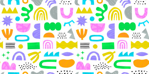 Abstract organic shape seamless pattern with colorful geometric doodles. Flat cartoon background, simple random shapes in bright childish colors.