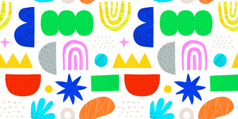 Abstract organic shape seamless pattern with colorful geometric doodles. Flat cartoon background, simple random shapes in bright childish colors.